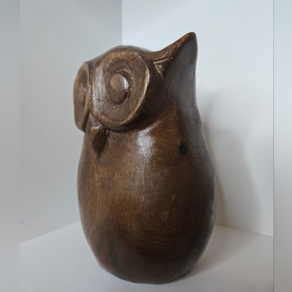 Hand-Carved Brown Wooden Owl Sculpture - Home Art Decor - Picture 5 of 7